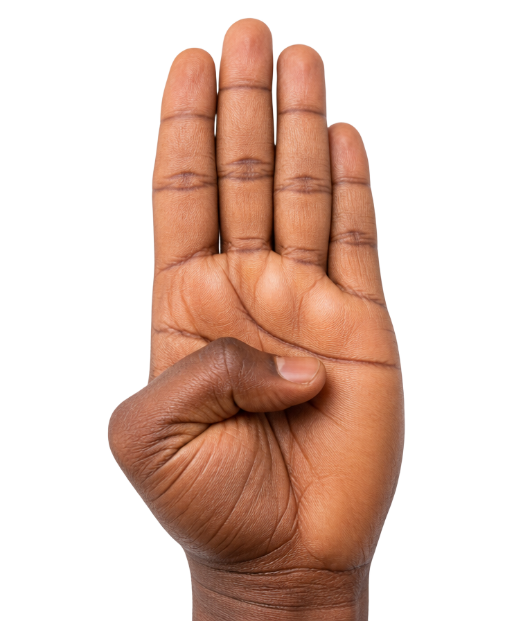 A hand with four fingers up and the thumb folded across the palm