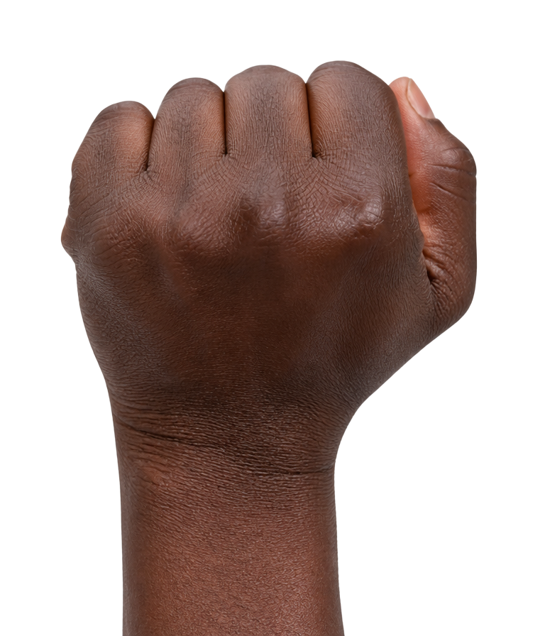 A closed fist with the fingers folded down over the tucked thumb